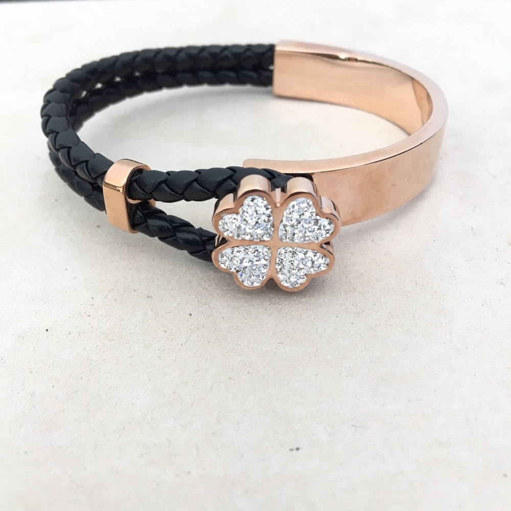 Four Leaf Clover Rose Gold Cz Leather Bracelet - Picture 7 of 10